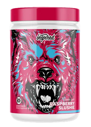 A container of Inspired Big Black DVST8 pre-workout supplement with a stylized bear on the label, indicating the product flavor Raspberry Slushie.